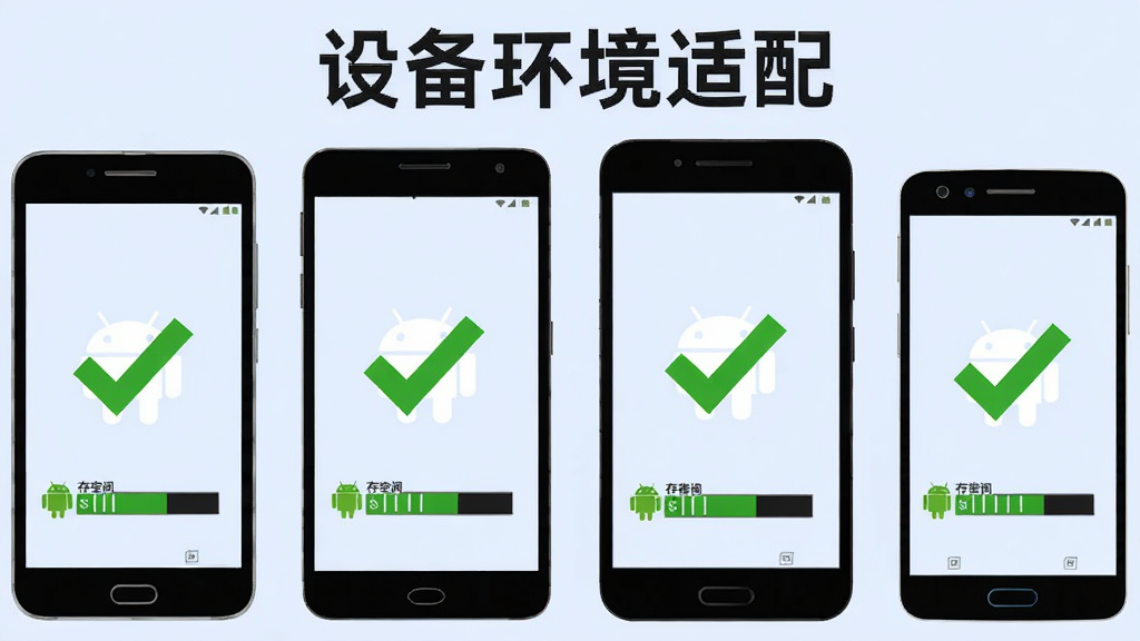 一张展示PUBGM FLASH安装器设备适配功能的示意图,主体为多部不同品牌手机并排展示,每部手机屏幕显示适配成功的绿色对勾。布局为横向排列,背景为淡蓝色。排版突出“设备环境适配”文字。风格为简洁矢量图。细节包括手机品牌轮廓、安卓机器人图标、存储空间条。画质为高清,干净,无多余元素。