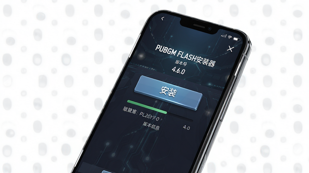 一张展示PUBGM FLASH安装器软件界面的手机预览图,主体为一部现代智能手机,屏幕上显示PUBGM FLASH安装器的中文操作界面,界面包含安装按钮、进度条和版本信息。布局采用居中构图,手机略微倾斜,背景为深色渐变科技风格。排版突出软件名称“PUBGM FLASH安装器”和版本号“4.6.0”。风格为干净简洁的3D渲染。细节包括手机边缘的高光、界面按钮的微立体感。画质为高清,干净,无多余元素。