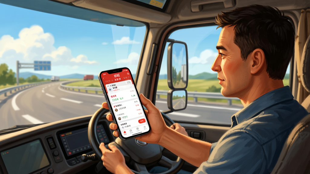 画面展示一位货车司机坐在驾驶室内,手持手机查看百旺货运司机端APP,手机屏幕显示订单详情页面,驾驶室外是高速公路和蓝天白云,整体风格为写实插画风,色调温暖明亮,细节清晰,画质干净,无多余元素,排版突出人物与手机屏幕
