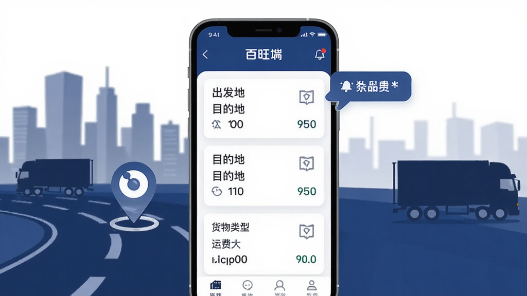 画面展示百旺货运司机端APP界面,屏幕中显示多条货源信息卡片,每张卡片上有出发地、目的地、货物类型、运费等信息,手机旁边有定位图标和推送通知气泡,背景为城市道路和货车剪影,风格为现代扁平化科技风,色调以深蓝和白色为主,细节丰富,画质清晰,干净无多余元素,排版整齐