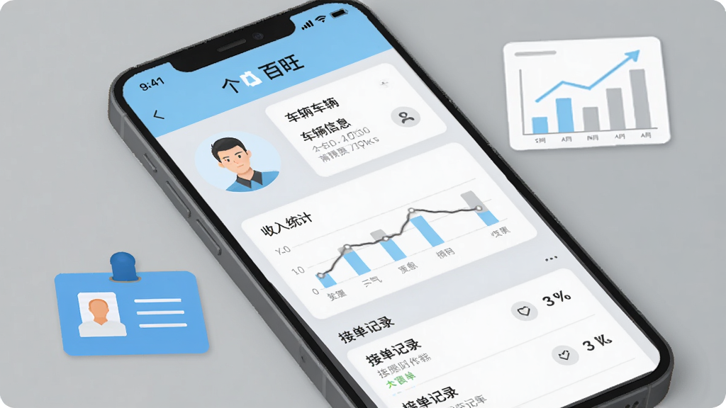 手机屏幕展示百旺货运司机端个人中心页面,包含头像、车辆信息卡片、收入统计图表、接单记录列表等模块,手机旁边有证件图标和数据图表元素,风格为清新简约的扁平化设计,色调以浅蓝和灰色为主,细节清晰,画质干净,无多余元素,排版规整
