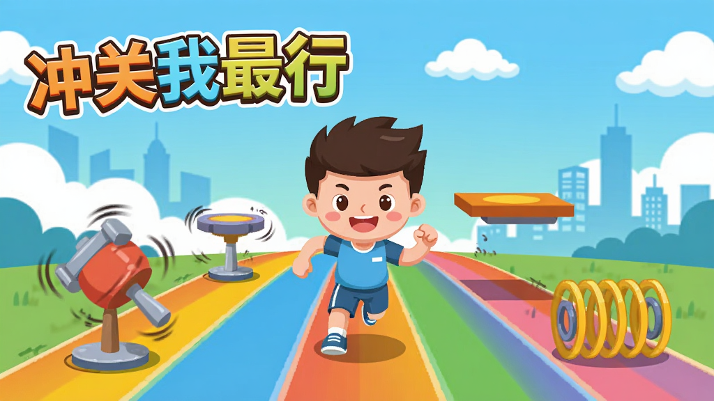 画面中央是一个卡通风格的角色正在彩色跑道上向前冲刺,跑道两侧分布着旋转锤、移动平台和弹跳弹簧等机关,背景是蓝天白云与远处城市剪影,画面左上角写着“冲关我最行”五个大字,整体采用明亮活泼的扁平插画风格,细节清晰干净,色彩饱和度高,画质细腻,无多余元素