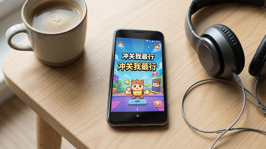 一部简约风格的安卓手机平放在桌面上,屏幕中显示“冲关我最行”的游戏主界面,手机旁边放着一杯咖啡和一副耳机,背景为浅木色桌面,整体采用生活化静物摄影风格,光线柔和,细节清晰,画质干净,无多余元素