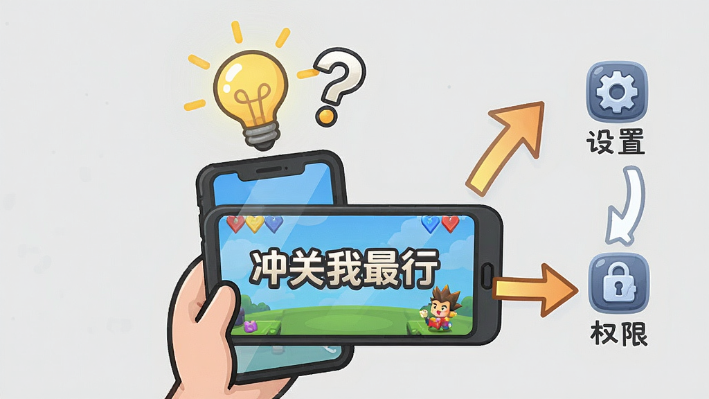 一个卡通风格的新手玩家正拿着手机,手机屏幕显示“冲关我最行”的游戏界面,玩家头顶有一个发光的灯泡和问号,旁边有箭头指向“设置”和“权限”图标,背景为浅灰色,整体采用简洁信息图风格,文字标注清晰,细节干净,画质清晰,无多余元素