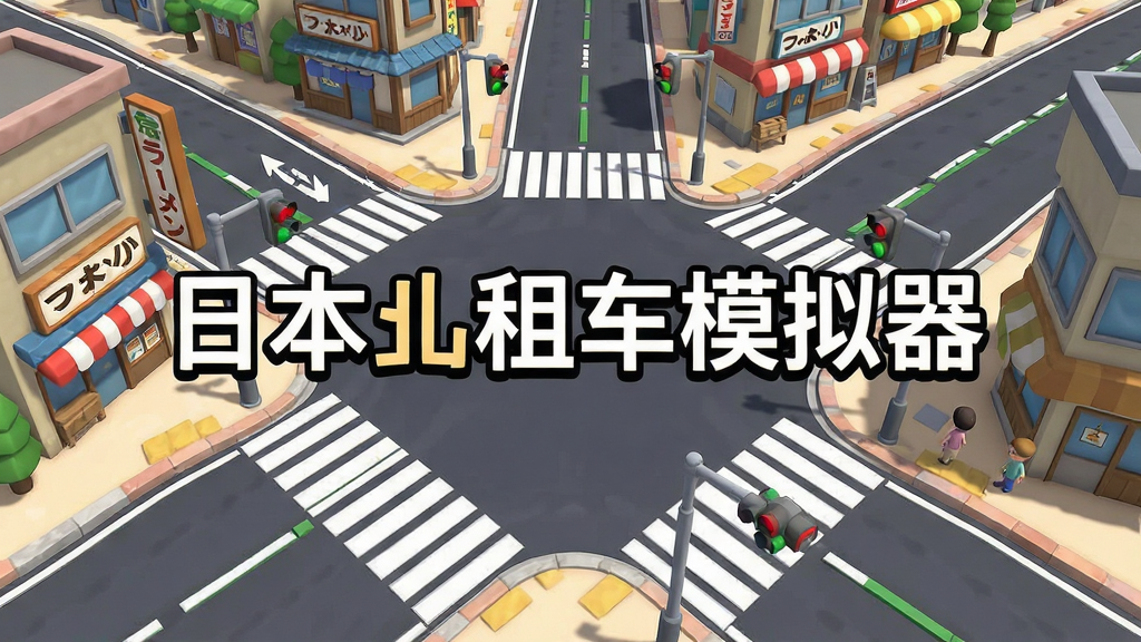 画面主体是日本出租车模拟器中的街景地图,布局为俯视视角展示城市道路网络,排版中央放置游戏名称