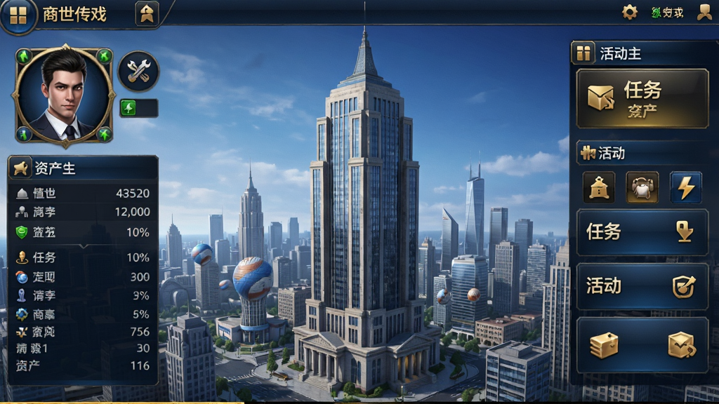 商世传奇游戏主界面截图,画面中央展示商业帝国大厦与城市天际线,左侧为角色头像与资产数据面板,右侧为任务与活动入口,整体采用写实商务风格,色调以深蓝与金色为主,细节清晰,画质干净无多余元素