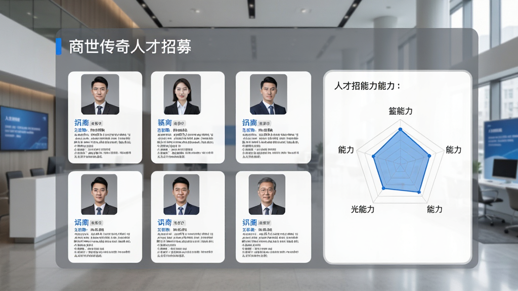 商世传奇人才招募界面,展示多位候选人简历卡片与能力雷达图,背景为现代企业招聘大厅,风格简洁商务,色调以灰白与蓝色为主,画质干净无杂乱元素