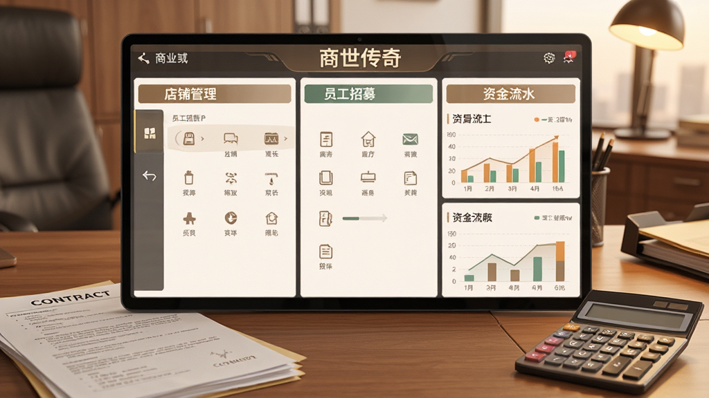商世传奇商业经营界面,展示店铺管理、员工招募与资金流水图表,画面以商务办公场景为背景,桌面上摆放着合同文件与计算器,风格写实,色调温暖,画质清晰干净