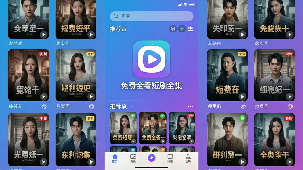一款名为“免费全看短剧全集”的手机应用主界面,居中展示软件图标与名称文字“免费全看短剧全集”,周围环绕多部短剧封面海报缩略图,布局采用上下结构,顶部为搜索栏,中部为推荐剧集网格,底部为导航栏,整体风格清新明快,采用蓝紫渐变主色调,细节包含播放按钮、更新标签、分类图标,画质高清,画面干净,无多余元素。