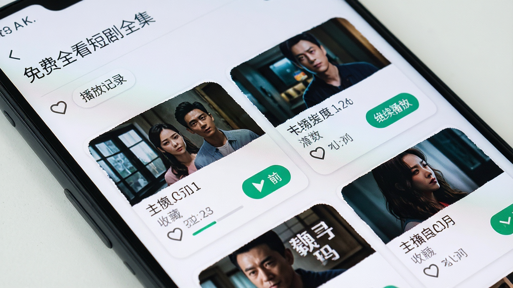 一部安卓手机屏幕特写,画面显示“免费全看短剧全集”的收藏与播放记录页面,界面中有多部短剧卡片排列,每张卡片带有剧名、集数进度和继续播放按钮,布局为纵向列表,风格清爽简约,细节包含收藏心形图标、进度条、时间标签,画质高清,画面干净,无多余元素。