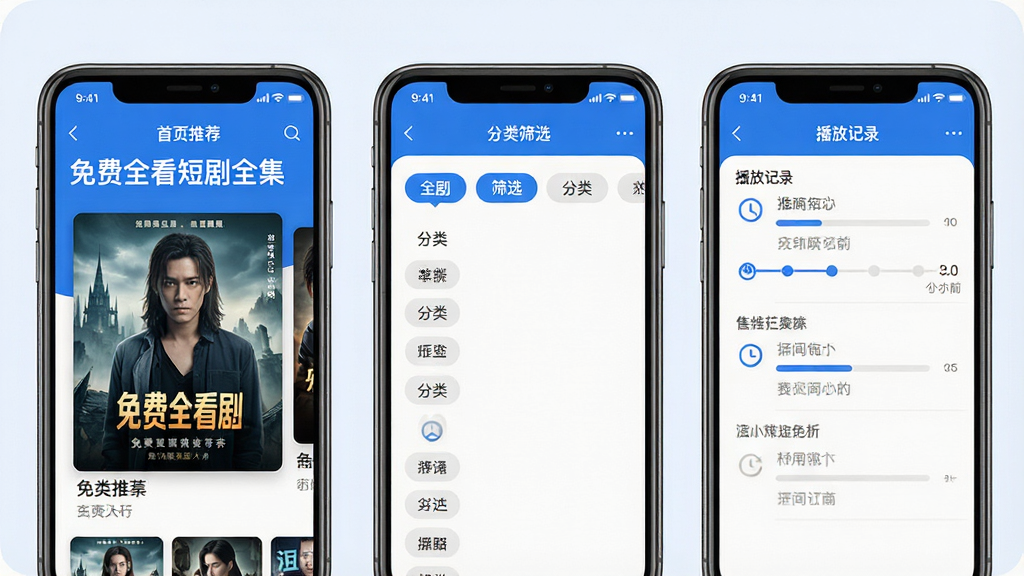 一张手机应用功能展示图,画面中并排展示三个手机屏幕,分别呈现“免费全看短剧全集”的首页推荐、分类筛选和播放记录页面,布局为横向排列三屏展示,风格统一为浅色背景配蓝色点缀,细节包含短剧海报、分类标签、时间轴图标,画质高清,画面干净,无多余元素。