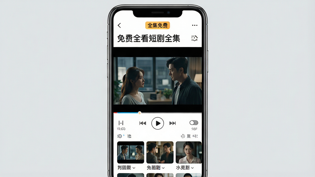 一个手机屏幕画面,屏幕中央显示“免费全看短剧全集”应用播放界面,画面中是一部都市短剧的播放场景,底部有进度条和剧集列表,屏幕上方有“全集免费”字样标签,布局为竖向手机界面,风格现代简洁,细节包含播放控制按钮、清晰度切换图标,画质高清,画面干净,无多余元素。