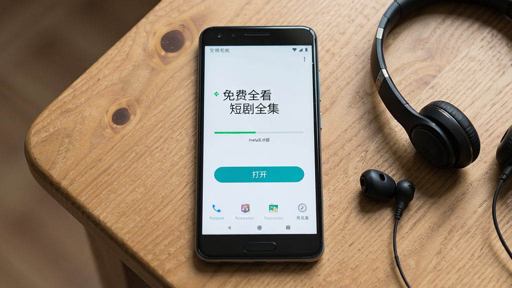 一部安卓手机放置在桌面上,屏幕显示“免费全看短剧全集”的安装完成界面,画面中有安装进度条和“打开”按钮,手机旁边放着一副耳机,布局为居中构图,风格写实简洁,细节包含手机边框、桌面纹理、安装完成提示文字,画质高清,画面干净,无多余元素。