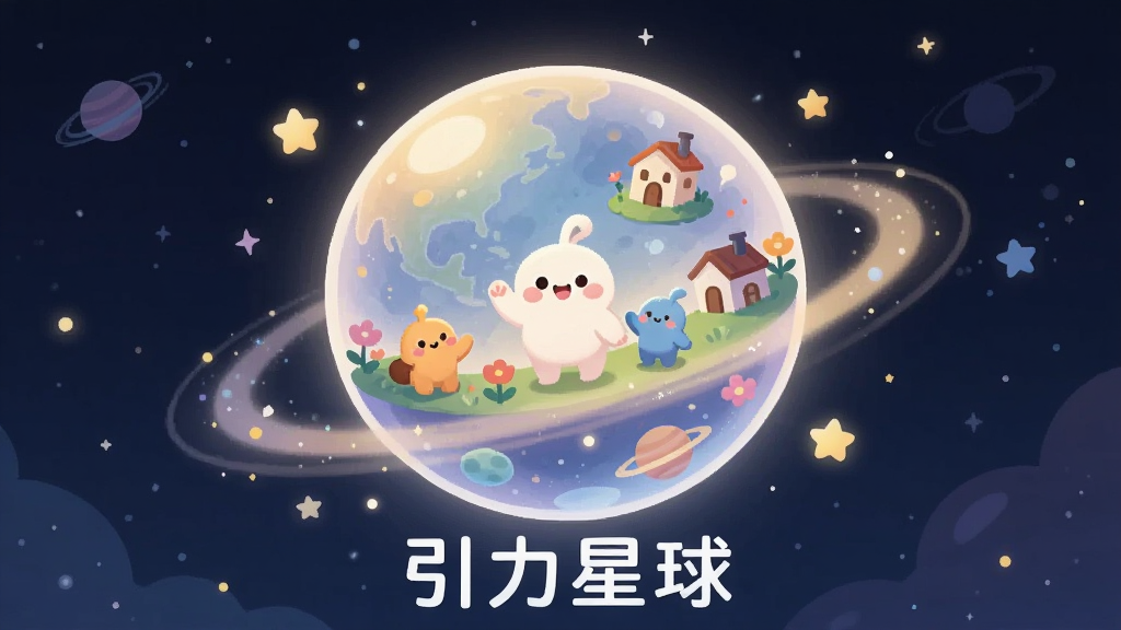 画面中央是一个发光的半透明圆形星球,星球表面有可爱的卡通小生物在挥手,周围环绕着星星和柔和的光晕,背景是深蓝色的宇宙星空,布局采用中心对称构图,风格为治愈系扁平插画,细节包括星球上的小房子、花草和漂浮的粒子光点,画质清晰干净,无多余元素,画面中下方有白色文字“引力星球”