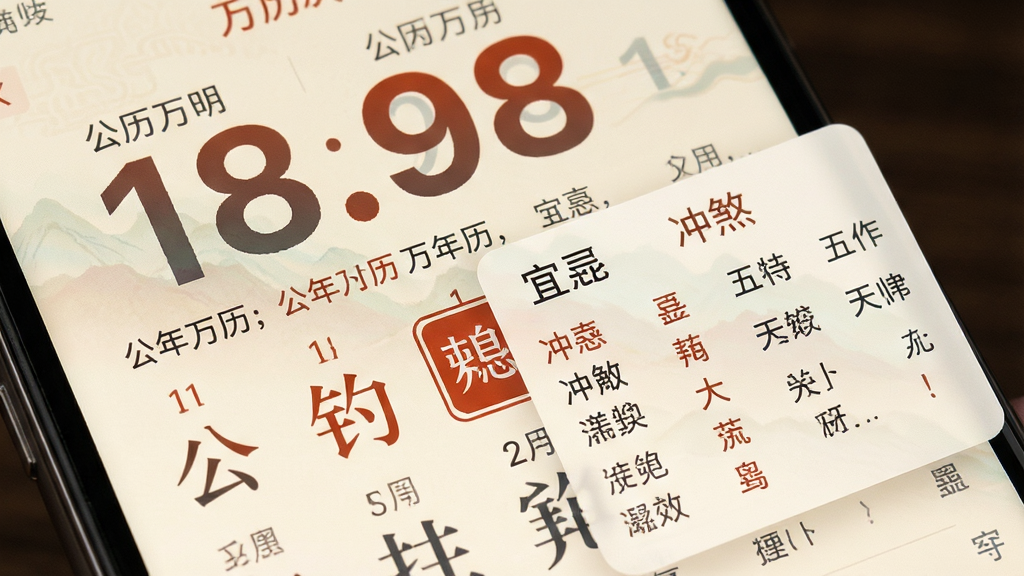 手机屏幕特写,展示历法万年历的公历农历对照界面,画面中公历数字大而醒目,农历文字小巧工整,选中某一天后弹出详情浮层,浮层内包含宜忌、冲煞、五行等条目,背景为浅米色,文字为深灰与朱红,风格传统典雅,画质清晰,无杂乱元素