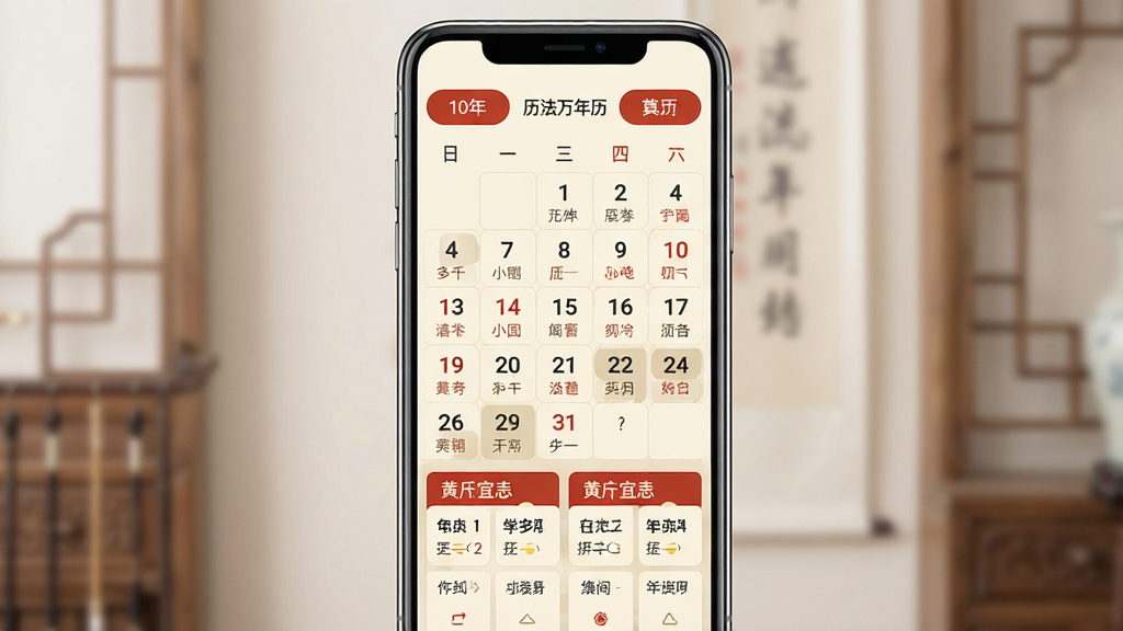 一张展示历法万年历手机应用主界面的图片,画面中央是手机屏幕,屏幕中显示当月日历网格,日期下方标注农历小字,顶部有年份月份切换按钮,底部有黄历宜忌卡片,整体风格简洁传统,色调以米白与朱红为主,细节清晰,画质干净,无多余元素