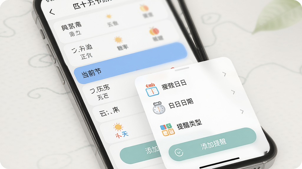 历法万年历的节气与提醒功能展示图,画面中手机屏幕显示二十四节气列表,当前节气高亮显示,下方有添加提醒的按钮与弹窗,弹窗内可选择日期与提醒类型,界面配色柔和,图标精致,画质干净,无多余装饰