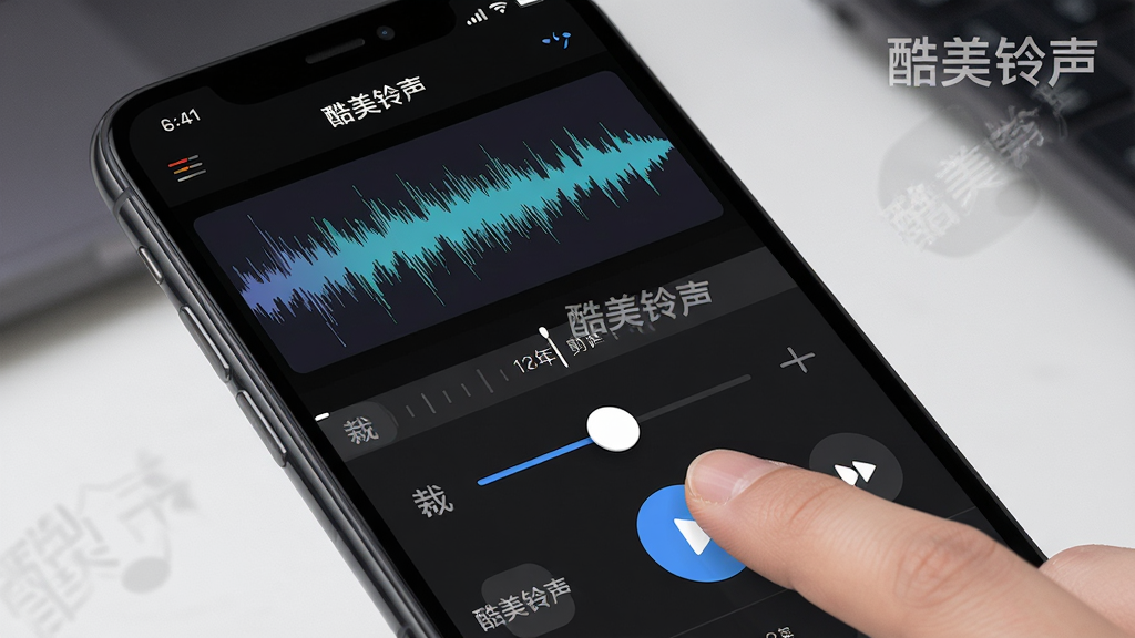 一张音频剪辑工具界面图,主体是手机屏幕显示“酷美铃声”的剪辑页面,有音频波形图、时间轴、裁剪滑块和播放按钮,用户手指正在拖动滑块,背景深色模式,风格科技感,细节上有“酷美铃声”水印,画质高清,干净,无多余元素。
