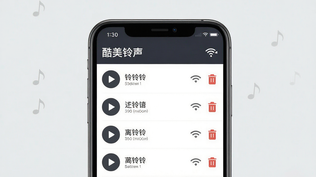 一张展示离线音乐管理的界面图,主体是手机屏幕显示“酷美铃声”的我的下载页面,列表中有多个已下载铃声,每个条目有播放按钮和删除图标,背景浅灰色,风格简约商务,细节上有WiFi断开图标表示离线可用,画质高清,干净,无多余元素。