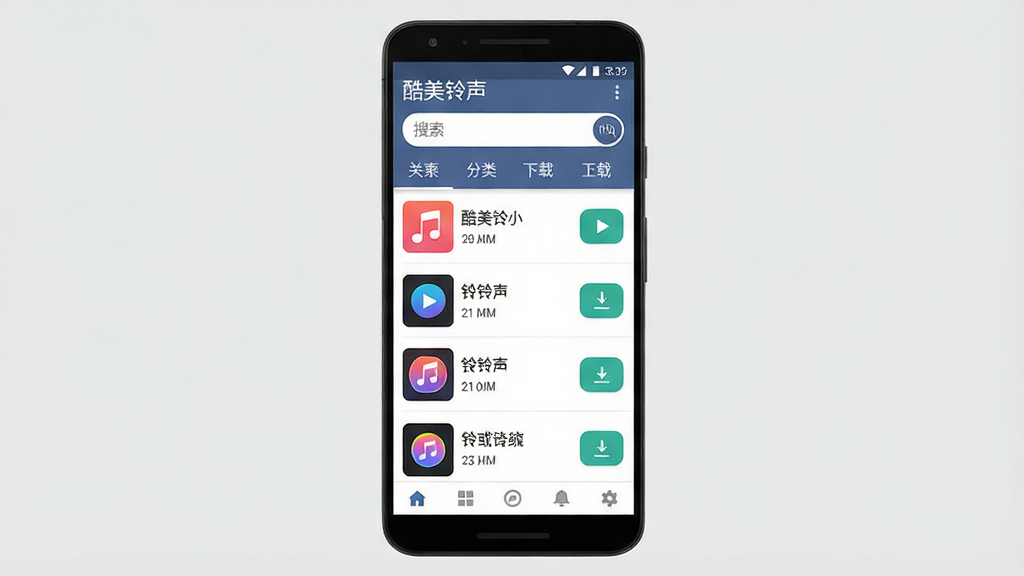一张手机应用界面展示图,主体是一部竖屏安卓手机,屏幕上显示“酷美铃声”APP首页,页面顶部有搜索框和分类标签,中部是铃声列表,每行显示铃声名称、时长和下载按钮,底部有导航栏。布局简洁清晰,风格现代扁平化,细节上体现音乐图标、播放按钮、下载箭头等元素。画质高清,干净,无多余元素。