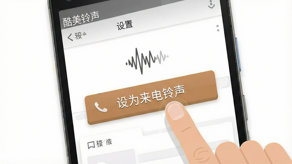 一张手机操作示意图,主体是一部安卓手机,屏幕上显示“酷美铃声”的设置界面,有一个醒目的“设为来电铃声”按钮,手指正在点击该按钮,背景简洁白色,风格扁平化,细节上有铃声波形图标,画质高清,干净,无多余元素。