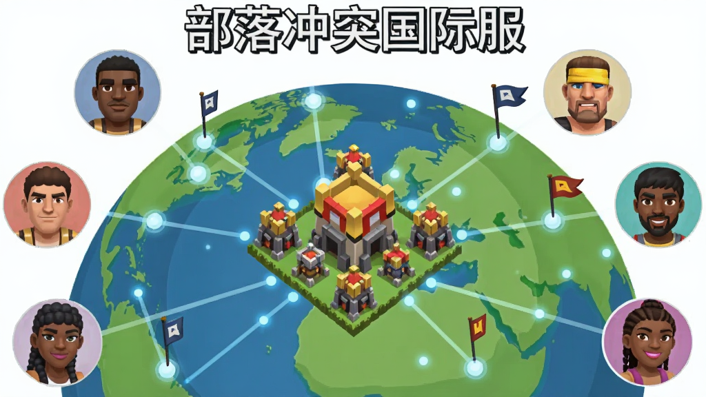 主体为地球仪与游戏角色组合,地球表面标注多个服务器节点,周围环绕不同肤色的玩家角色头像,中央放置部落冲突国际服的大本营建筑,布局采用中心放射式构图,风格为扁平化科技插画,细节包含连接线条、光点、旗帜图标,画质清晰干净,无多余元素,画面顶部有文字“部落冲突国际服”