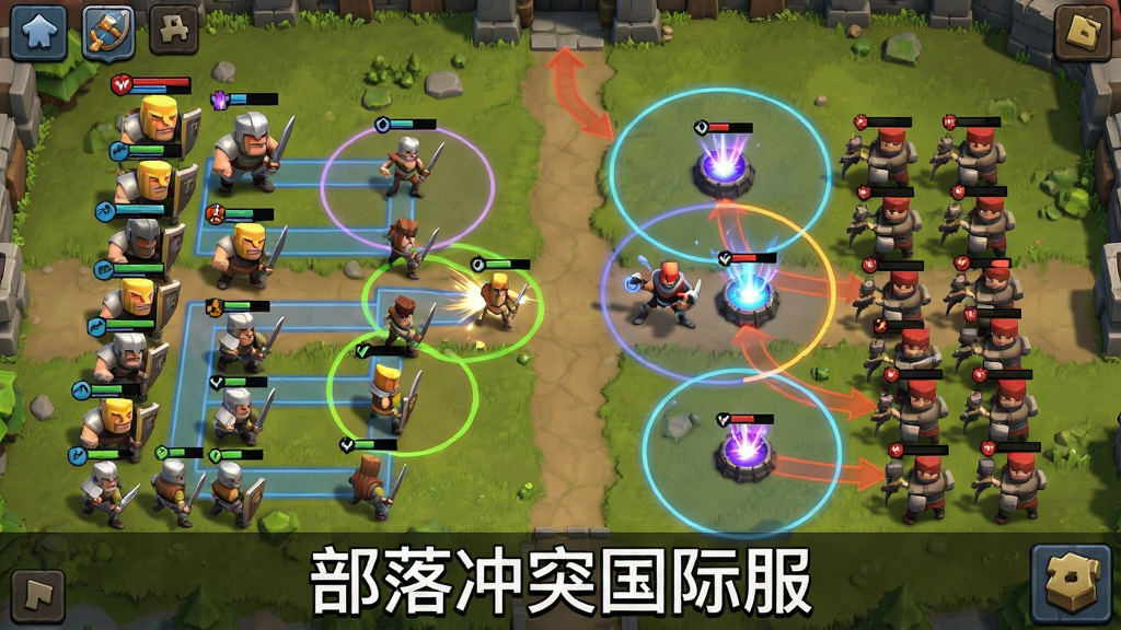 主体为战斗场景俯视图,左侧为进攻方兵种排列,右侧为敌方防御阵型,画面中显示兵种行进路线与法术范围指示圈,布局采用左右对比构图,风格为游戏UI界面风格,细节包含兵种图标、血量条、法术特效,画质清晰干净,无多余元素,画面下方有文字“部落冲突国际服”