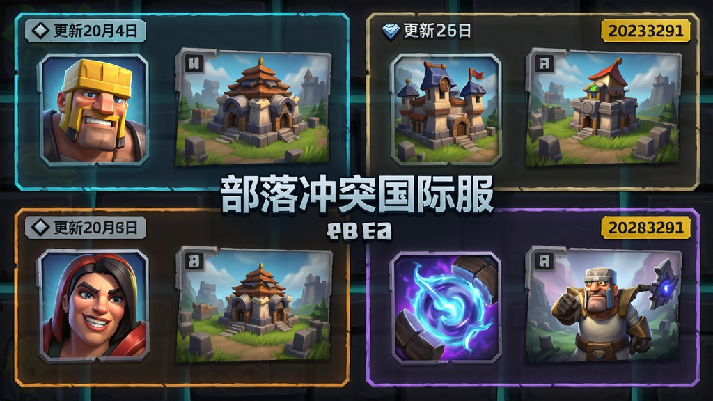 主体为游戏更新内容展示墙,墙面分为多个板块,分别展示新兵种、新建筑、新英雄、新法术的图标与预览图,布局采用网格化排版,风格为现代游戏宣传海报,细节包含高亮边框、更新日期标签、版本号标识,画质清晰干净,无多余元素,画面中央有文字“部落冲突国际服”