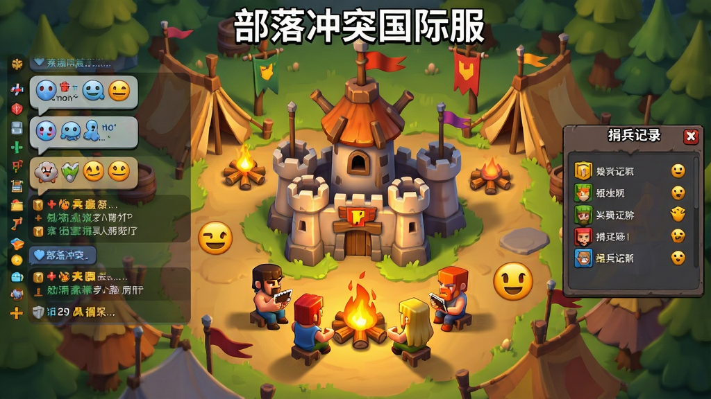 主体为部落营地场景,中央为部落城堡,周围环绕多个玩家角色围坐交流,左侧显示聊天界面气泡,右侧显示捐兵记录面板,布局采用环形构图,风格为温暖卡通插画,细节包含篝火、旗帜、表情符号,画质清晰干净,无多余元素,画面顶部有文字“部落冲突国际服”