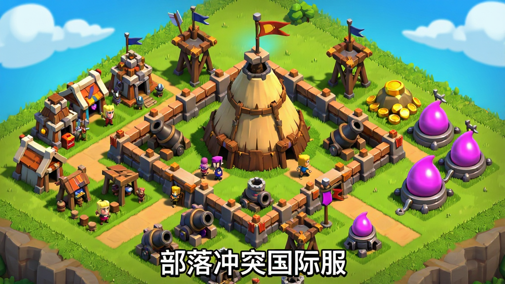 画面主体是一座充满活力的部落村庄全景,中央为高耸的大本营,四周分布着箭塔、加农炮、法师塔等防御建筑,左侧是兵营与训练场,右侧是金矿与圣水收集器,背景为蓝天白云与绿色草地,布局采用俯视斜角构图,风格为美式卡通渲染,细节包含城墙纹理、旗帜飘动、角色小人走动,画质清晰干净,无多余元素,画面中下方有文字“部落冲突国际服”