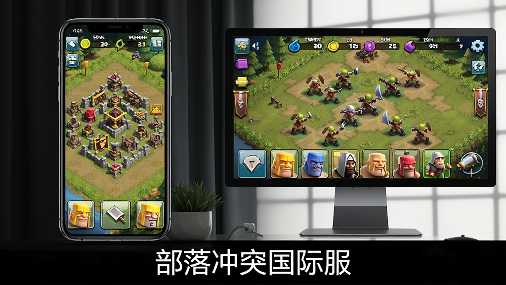 主体为手机与电脑并排展示部落冲突国际服游戏界面,左侧手机显示村庄建设画面,右侧电脑显示器显示战斗进攻画面,布局采用左右对比构图,风格为科技数码产品展示风格,细节包含UI按钮、资源栏、兵种图标,画质清晰干净,无多余元素,画面底部有文字“部落冲突国际服”
