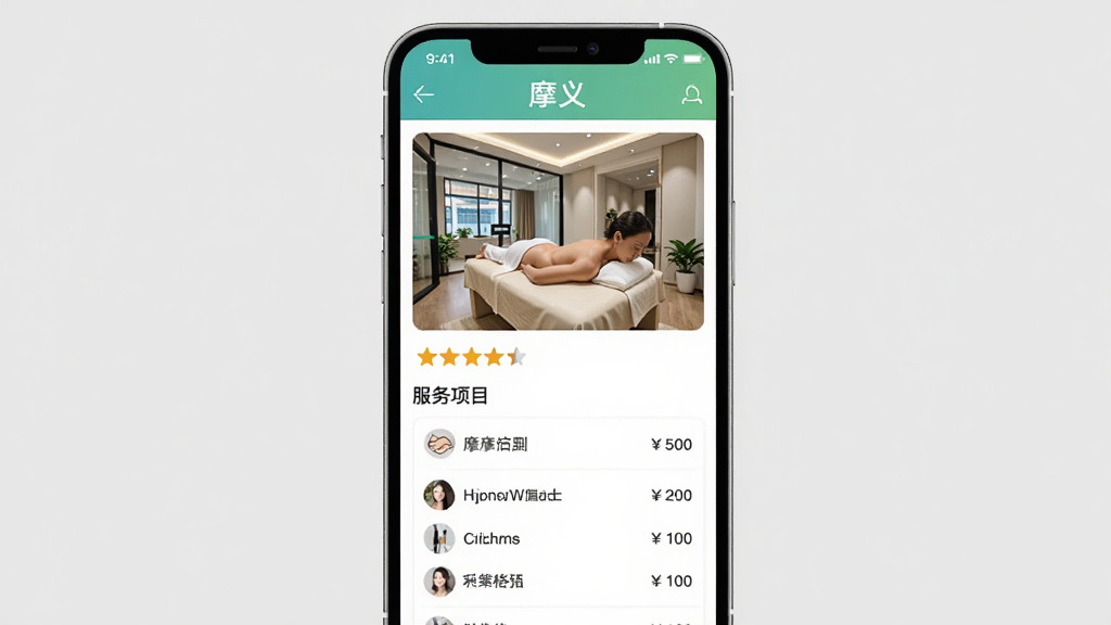 一张展示摩义门店详情页的图片,手机屏幕中显示一家按摩门店的详细信息,包括门店照片、评分星级、服务项目列表和价格,页面布局清晰,风格清新,屏幕顶部有“摩义”字样,画质干净,无多余元素。