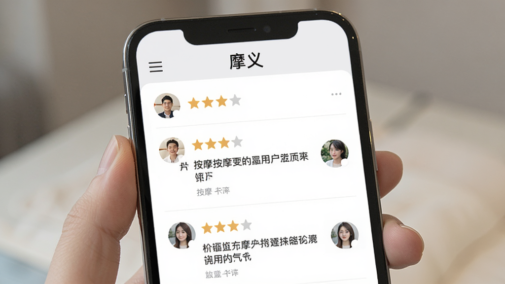 一张展示摩义用户评价页面的图片,手机屏幕中显示用户对按摩门店的评价列表,包含星级评分、文字评论和用户头像,界面清爽,配色淡雅,屏幕顶部有“摩义”文字,画质干净,无多余元素。