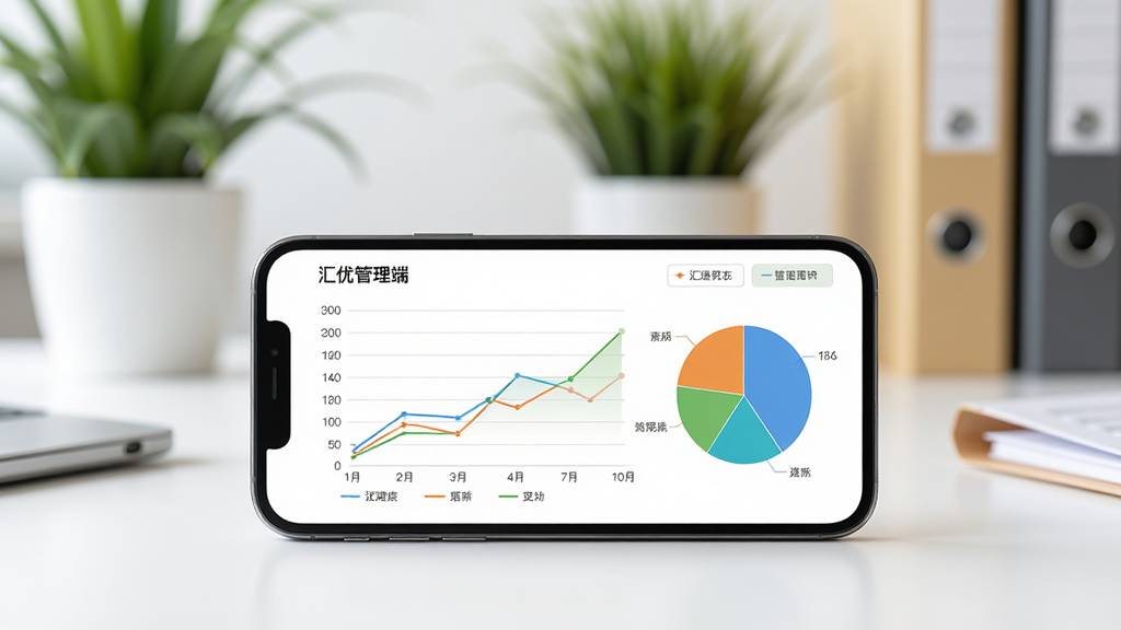 一部手机屏幕显示汇优管理端的统计图表页面,包含折线图和饼图,手机放置在白色办公桌上,背景有模糊的绿植和文件夹,主体为手机和图表界面,布局为正面平视,排版简洁,风格为清新办公写实,细节包括图表颜色区分和屏幕清晰度,画质高清,干净,无多余元素