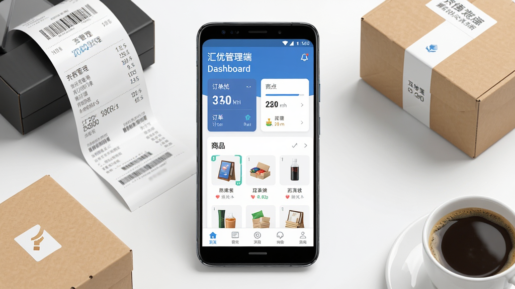 一张展示手机端商户管理应用主界面的场景图,画面中央是一部竖屏安卓手机,屏幕内显示汇优管理端的仪表盘页面,包含订单统计卡片、商品列表和底部导航栏,手机周围环绕着收银小票、商品包装盒和一杯咖啡,整体布局为产品展示风格,排版简洁居中,风格为现代扁平化UI写实渲染,细节包括手机边框高光、屏幕内文字清晰可辨,画质为高清4K,干净,无多余元素