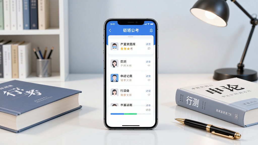 画面中央是一部智能手机,屏幕显示“砺塔公考”应用界面,界面上有题库列表和进度条,手机周围环绕着行测、申论书籍和一支笔,背景是简洁的书桌场景,整体风格清新明亮,细节包括书架和台灯,画质清晰,干净,无多余元素