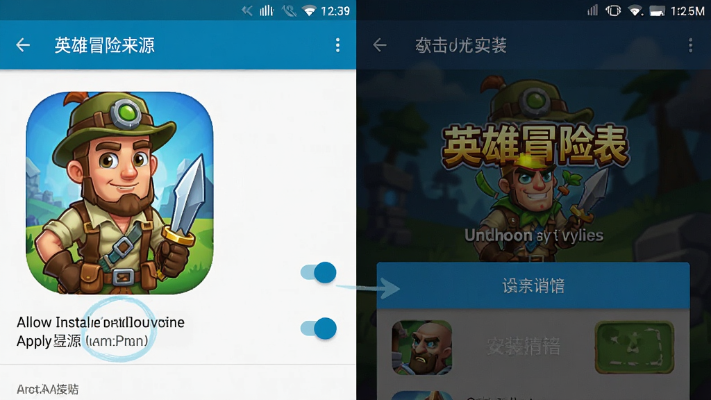 一张手机屏幕截图,画面显示安卓系统设置中允许安装未知来源应用的开关界面,旁边有英雄冒险家游戏图标,整体为教程风格,英雄冒险家安装设置界面,画质清晰,干净,无多余元素