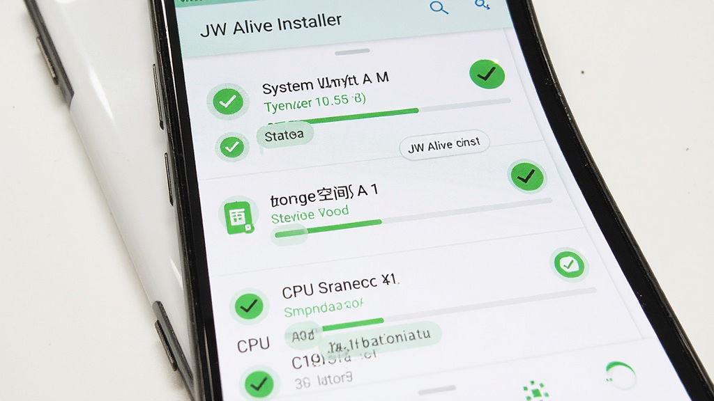 一部安卓手机屏幕显示JW Alive安装器的环境检测界面,屏幕上有系统版本、存储空间、CPU架构等检测项以绿色对勾显示通过,背景为白色简洁风格,布局为纵向列表排版,风格为现代手机应用UI,细节包括检测图标、进度条、状态标签,画质高清干净无多余元素