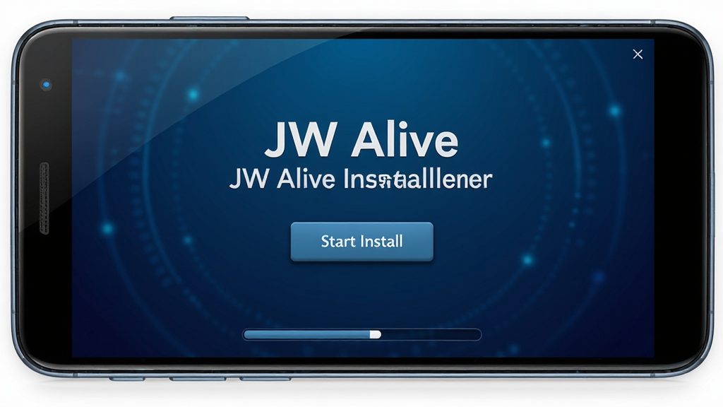 一张展示JW Alive安装器软件界面的图片,主体是一个安卓手机屏幕,屏幕上显示JW Alive安装器的欢迎页面,中央有JW Alive安装器名称和开始安装按钮,背景是深蓝色科技感渐变,布局简洁居中,风格为现代扁平化UI设计,细节包括手机边框高光、按钮微立体阴影、进度指示条,画质高清干净无多余元素
