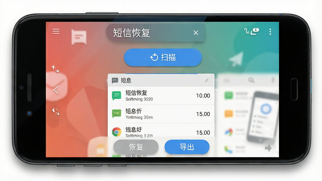 一张展示安卓手机屏幕的图片,画面中央是“短信恢复”软件的主界面,布局清晰,顶部显示软件名称“短信恢复”,中间有扫描按钮和短信列表预览,底部有恢复和导出选项。风格为现代科技感UI设计,细节包括手机边框、图标阴影和渐变背景,画质高清,干净无多余元素。