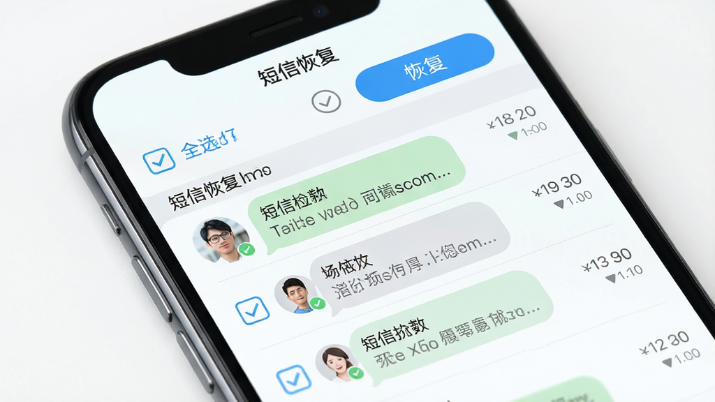 手机屏幕特写,展示“短信恢复”软件的预览界面,短信按联系人分组,每条短信前有复选框,顶部有全选和恢复按钮。风格为清新浅色UI,细节包括短信气泡、时间戳和联系人头像,画质高清,干净无多余元素。