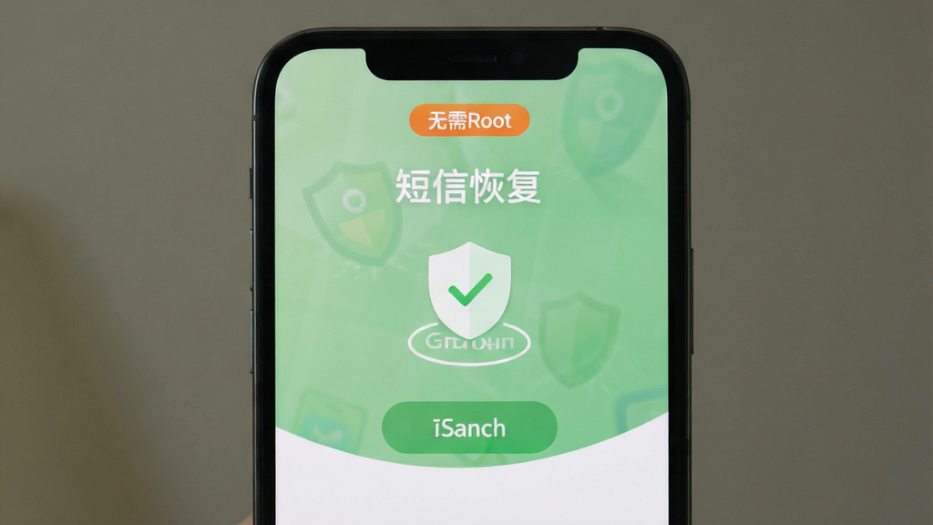 手机屏幕显示“短信恢复”软件界面,顶部有“无需Root”标识,中间是扫描按钮,背景为柔和的绿色调。风格为安全可靠感,细节包括盾牌图标和勾选标记,画质高清,干净无多余元素。