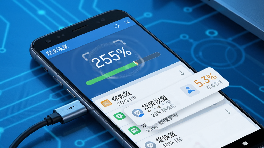 一部安卓手机连接着数据线,屏幕显示“短信恢复”软件正在进行深度扫描,界面中有进度条和不断弹出的短信条目。背景是简洁的科技蓝风格,主体突出手机和软件界面,细节包括扫描动画和百分比数字,画质清晰,干净无多余元素。