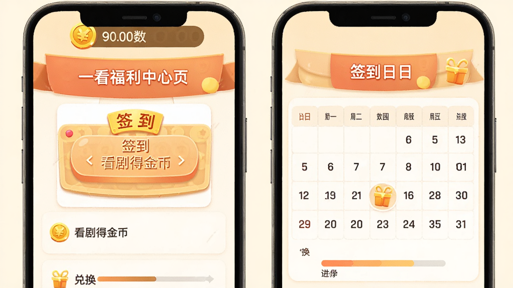 主体为“一看”福利中心页面,布局为任务列表与签到日历并列,排版上顶部有金币总数展示,风格为暖色调移动端界面插画,细节包括“签到”“看剧得金币”等文字标签、兑换按钮、进度条,画质高清,干净,无多余元素