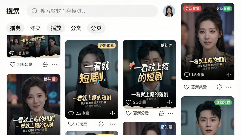 主体为“一看”软件首页瀑布流界面,布局为多张竖版短剧封面错落排列,排版上顶部有搜索框与分类标签,风格为明亮活泼的移动端UI展示图,细节包括封面上的剧名文字“一看就上瘾的短剧”、播放量角标、更新集数提示,画质高清,干净,无多余元素