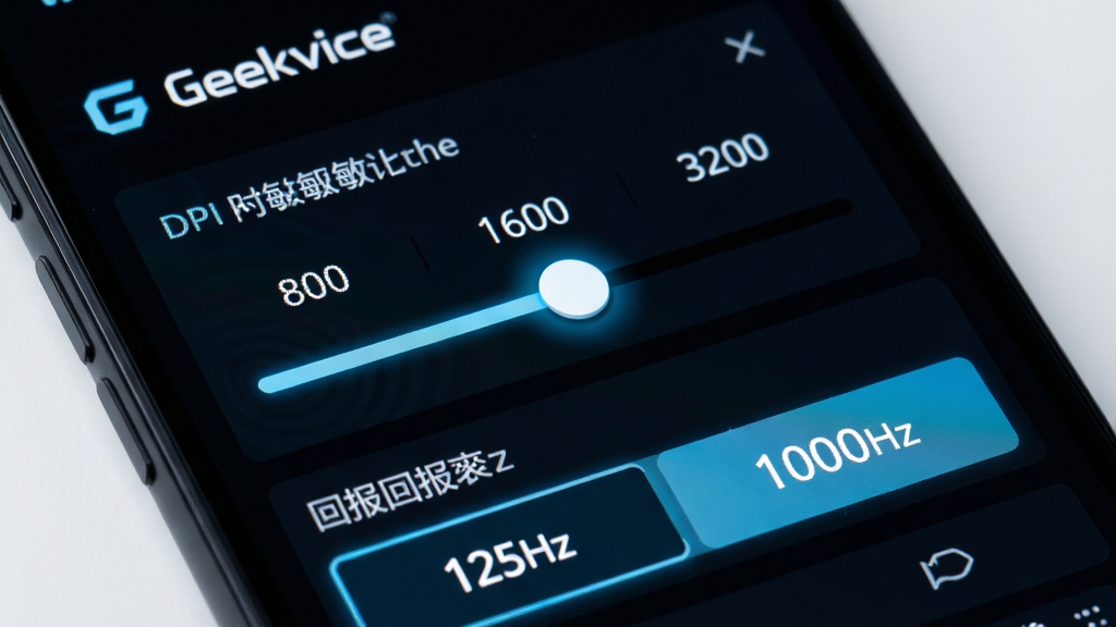 手机屏幕特写,画面中 Geekvice 软件界面显示鼠标灵敏度调节面板,包含 DPI 数值 800、1600、3200 三档滑块,回报率选项 125Hz 与 1000Hz 高亮显示,背景为深色模式,布局上下分层,风格电竞科技感,细节包括滑块光泽与数值发光效果,画质锐利干净,无多余元素