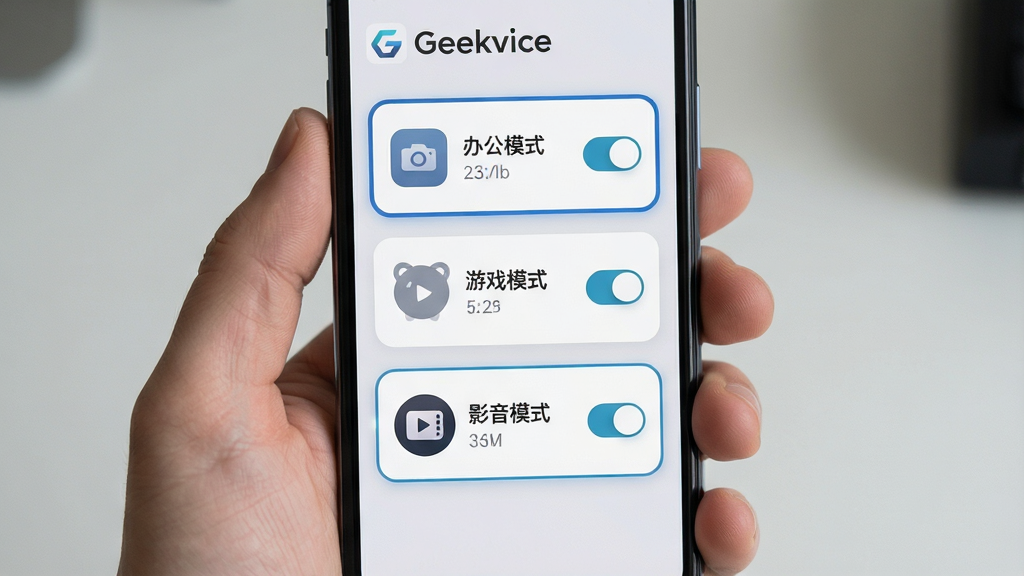 手机屏幕展示 Geekvice 配置文件管理页面,页面内排列三个卡片式配置项分别标注办公模式、游戏模式、影音模式,每个卡片带有对应图标与切换开关,背景为浅灰色,布局纵向排列,风格清新扁平化,细节包括卡片圆角与选中高亮边框,画质干净清晰,无多余元素