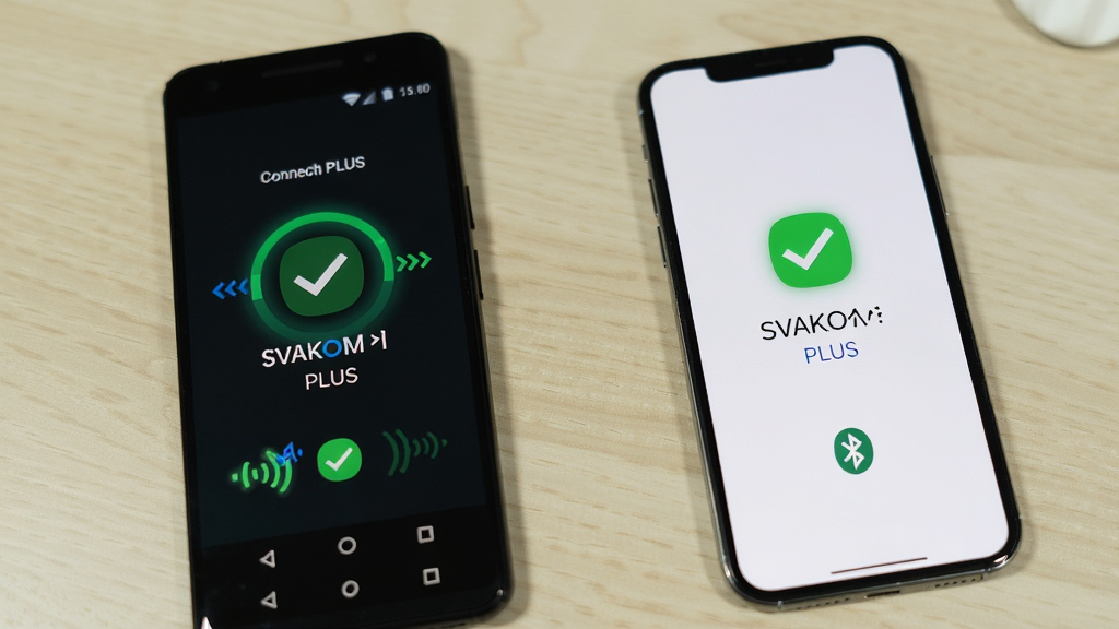 一部安卓手机与一部iPhone并排展示 SVAKOM PLUS 应用安装完成后的设备连接成功界面,两部手机屏幕均显示绿色对勾与设备名称,背景为浅色桌面,布局左右对比,风格清晰教程感,细节包含连接成功动画光效与蓝牙图标,画质高清,干净,无多余元素