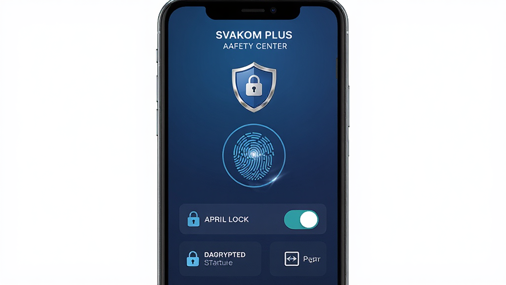 手机屏幕显示 SVAKOM PLUS 安全中心界面,中央为盾牌图标与指纹识别区域,下方有应用锁开关、数据加密状态与隐私政策入口,背景为深蓝色渐变,布局居中对称,风格安全可靠感,细节包含指纹纹路光效与加密锁图标,画质高清,干净,无多余元素