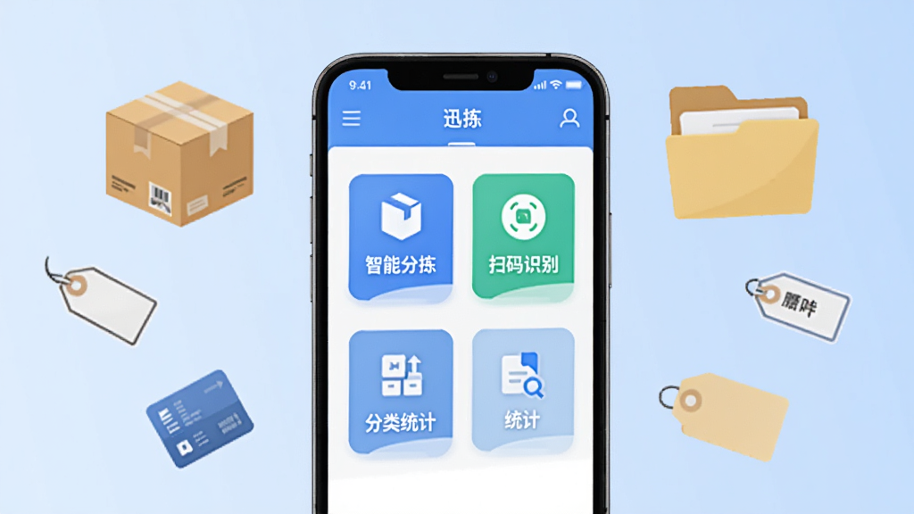 画面中央是一部智能手机,屏幕显示迅拣软件主界面,界面包含智能分拣、扫码识别、分类统计等功能图标,背景为浅蓝色渐变,周围漂浮着快递盒、文件夹、标签等元素,整体风格简洁现代,扁平化设计,画质清晰,干净,无多余元素